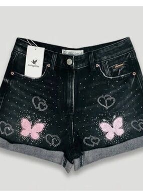 Wildbear Black Acid Wash Rhinestone Denim Shorts - Pink Butterfly & Heart NWT